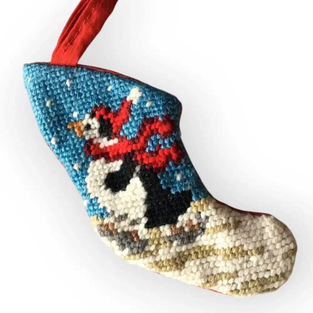Vintage Mini Petit Point Needlepoint Christmas Penguin Stocking Ornament